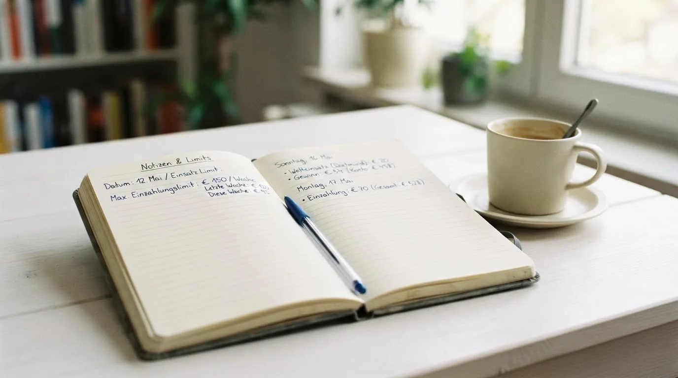 Ein aufgeschlagenes Notizbuch mit handschriftlichen Notizen und ein Kugelschreiber liegen auf einem hellen Schreibtisch neben einer Kaffeetasse.