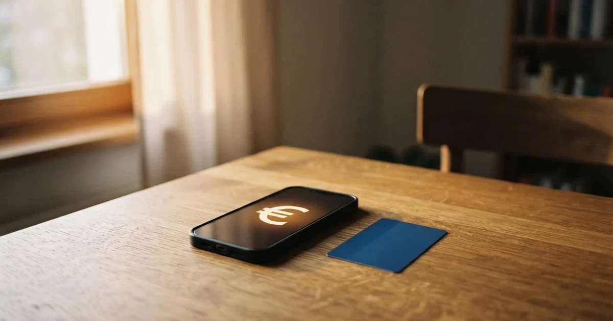 Ein Smartphone liegt mit dem Display nach unten auf einem Holztisch, daneben ein paar Euro-Münzen und eine unbeschriftete Plastikkarte im Morgenlicht.