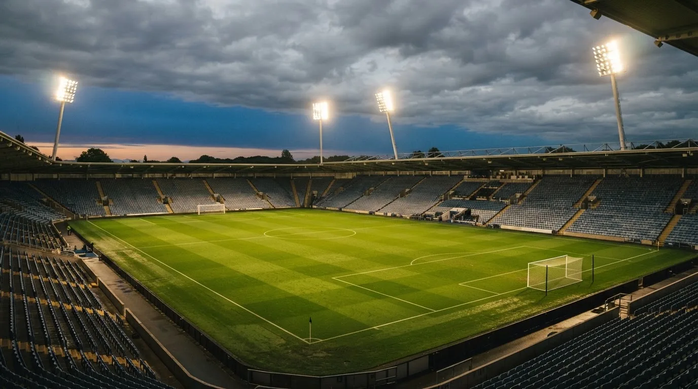 Ein Fußballplatz mit Flutlichtmasten in der Abenddämmerung, aus der Ferne gesehen, leere Tribünen und nasser Rasen unter bewölktem Himmel.