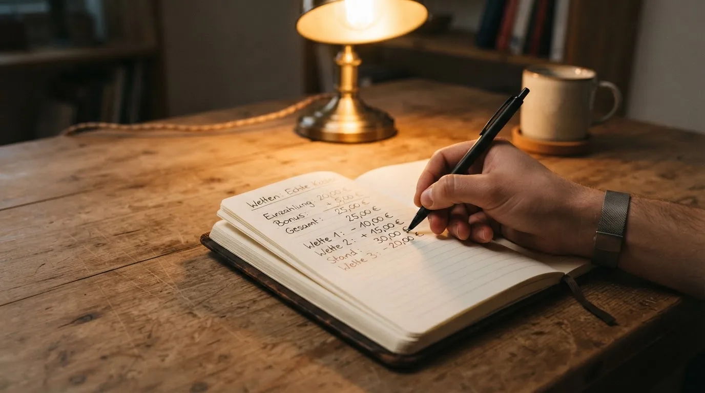 Ein Taschenrechner und ein Blatt Papier mit handschriftlichen Notizen liegen auf einem Schreibtisch unter dem warmen Licht einer Lampe.