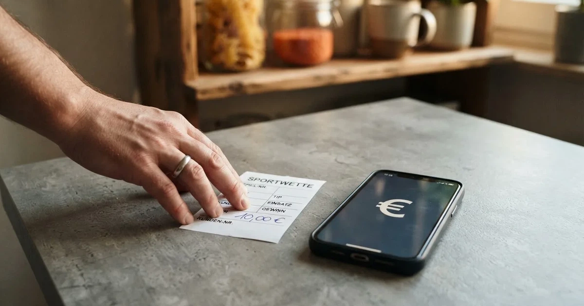 Eine Hand legt ein paar Münzen neben ein umgedrehtes Smartphone auf eine graue Tischplatte, dahinter verschwommen ein Küchenregal.