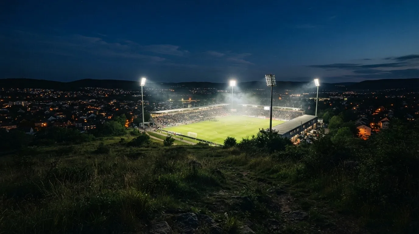 Ein Stadion unter Flutlicht bei Nacht, von einem Hügel aus der Ferne betrachtet, mit Dunst über dem Spielfeld.