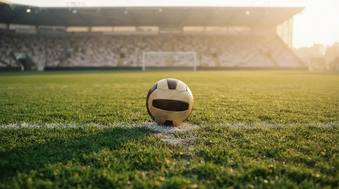 Ein Fußball liegt auf dem Elfmeterpunkt eines leeren Rasenplatzes, im Hintergrund eine Tribüne im Dunst.