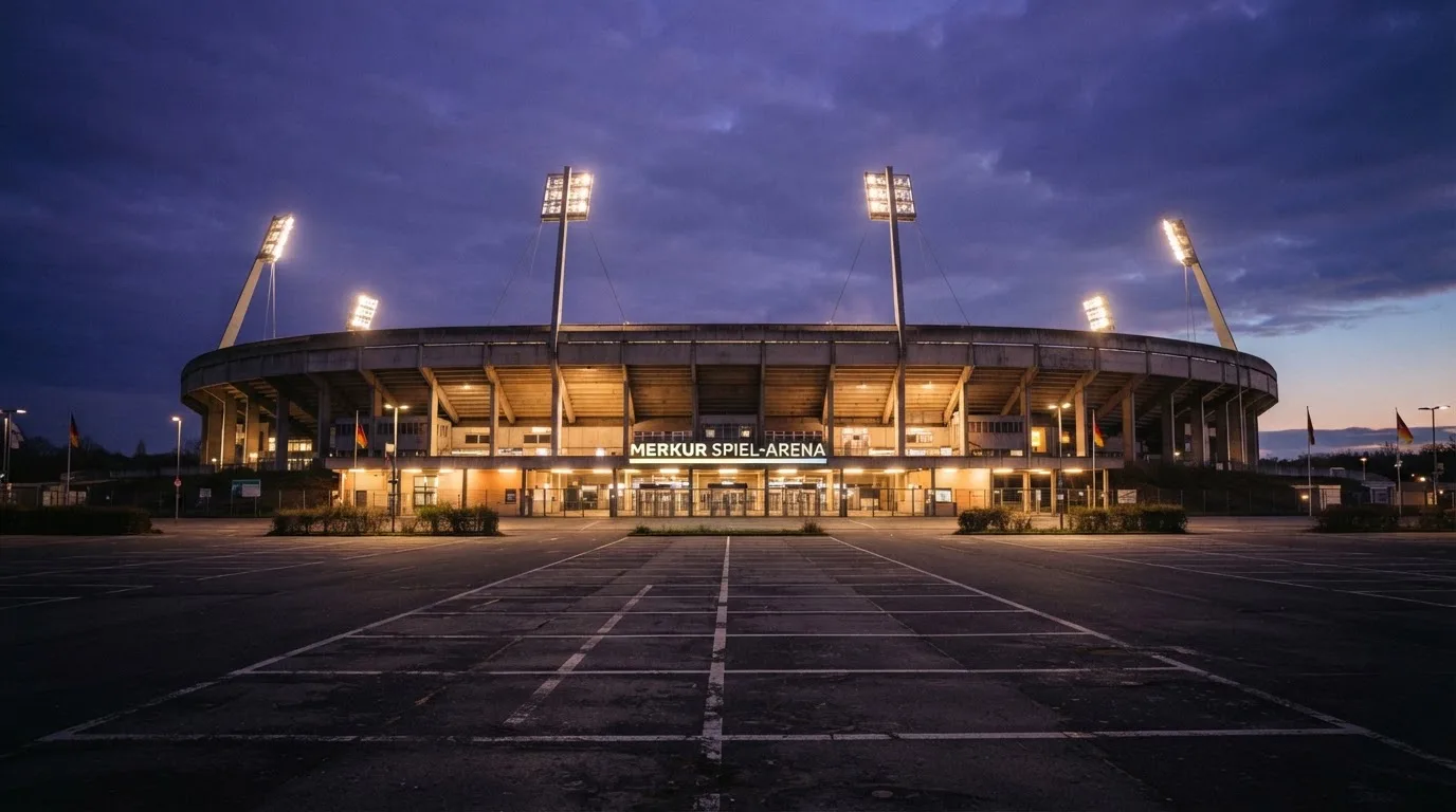 Ein Fußballstadion von außen in der Dämmerung, hohe Flutlichtmasten vor einem violetten Himmel, davor ein leerer Parkplatz.