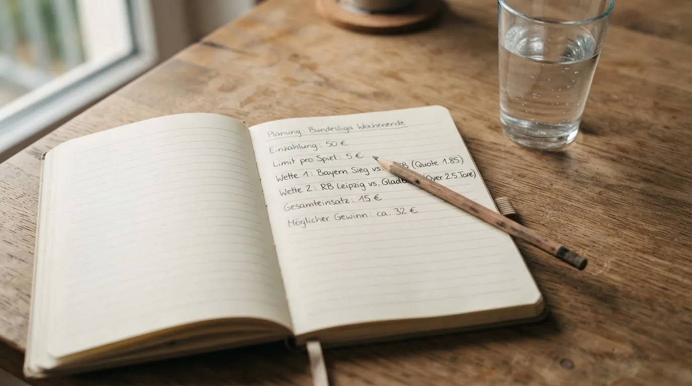 Ein aufgeschlagenes Heft mit handschriftlichen Notizen und ein Bleistift liegen auf einem Schreibtisch, daneben ein Glas Wasser.