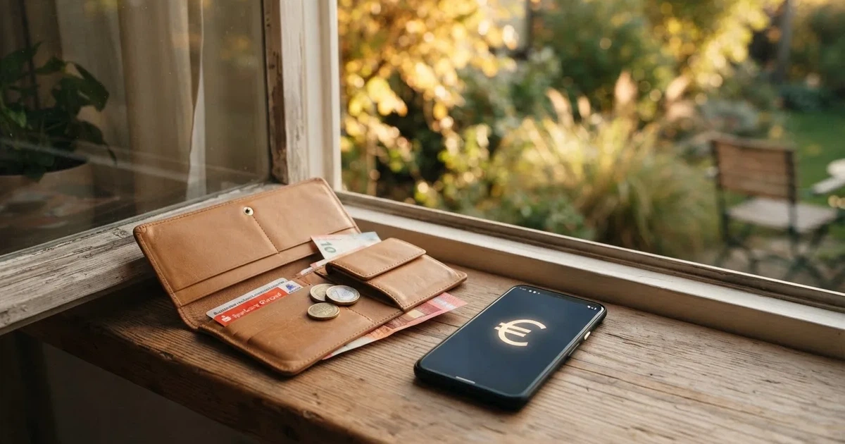 Eine Geldbörse aus Leder liegt geöffnet neben einem Smartphone auf einer Fensterbank, im Hintergrund ein Garten im Gegenlicht.