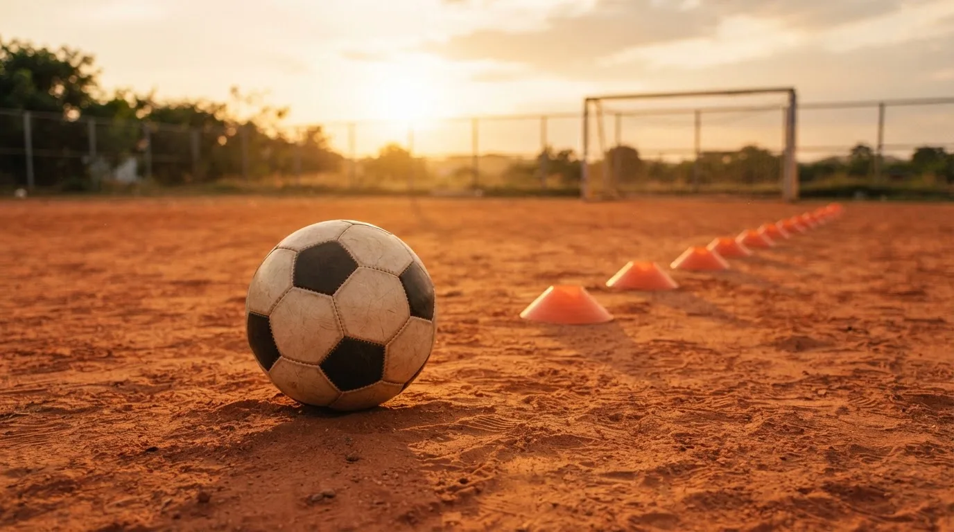 Ein Fußball auf rotem Sandboden neben einer Reihe Hütchen auf einem Trainingsplatz bei untergehender Sonne.