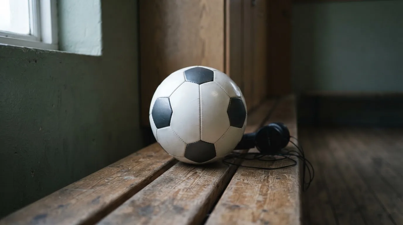 Ein Fußball liegt neben Kopfhörern auf einer Holzbank in einer Umkleide, Licht fällt durch ein schmales Fenster.