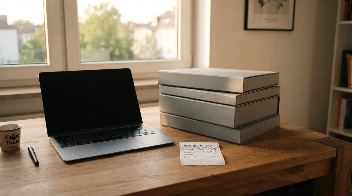 Ein Schreibtisch mit geschlossenem Laptop und einem Stapel unbeschrifteter Mappen vor einem Fenster am Nachmittag.