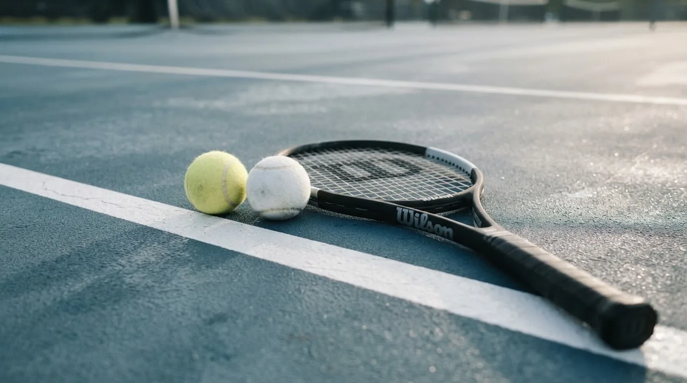 Zwei Tennisbälle und ein Schläger liegen auf der Grundlinie eines Hartplatzes, kleine Wassertropfen glänzen auf dem Belag.