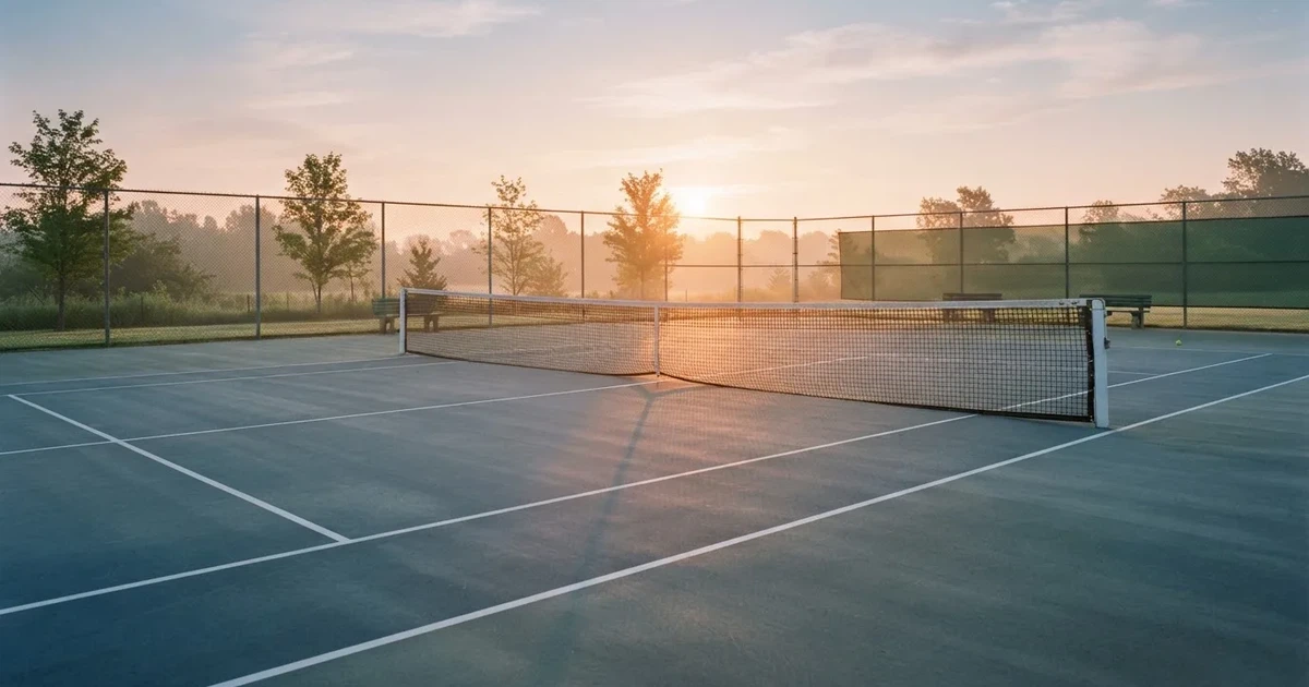 Ein leerer Tennisplatz mit Hartplatzbelag in der Morgendämmerung, das Netz im Gegenlicht und lange Schatten der Linien.