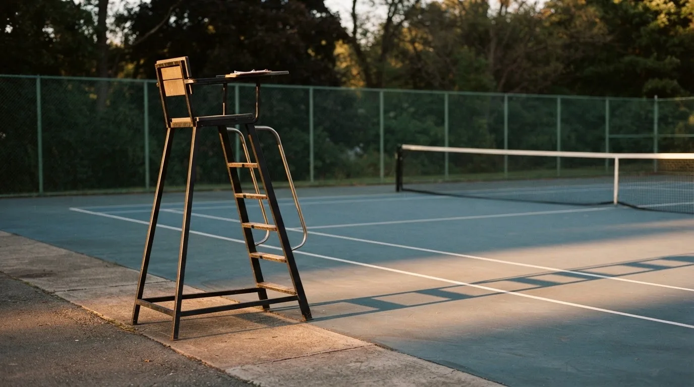 Ein leerer Schiedsrichterstuhl am Spielfeldrand eines Tennisplatzes im Abendlicht, lange Schatten auf dem Belag.