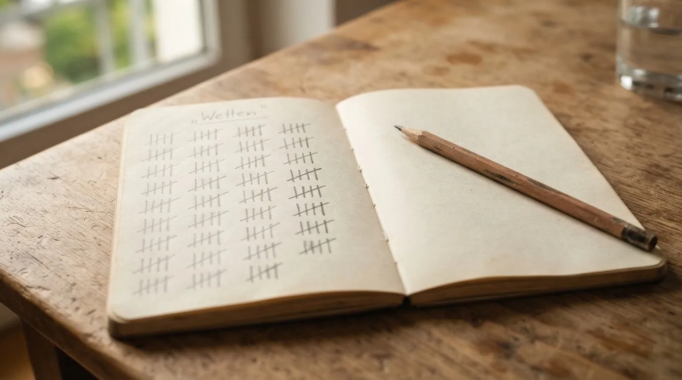 Ein handschriftlich geführtes Heft mit Strichlisten liegt neben einem Bleistift auf einem Tisch, seitlich fällt Tageslicht herein.