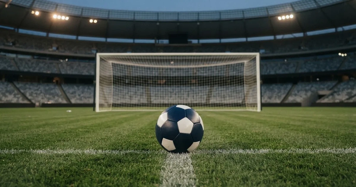 Ein Fußball liegt im Strafraum direkt vor dem Tor mit Netz, im Hintergrund leere Ränge bei Dämmerung.