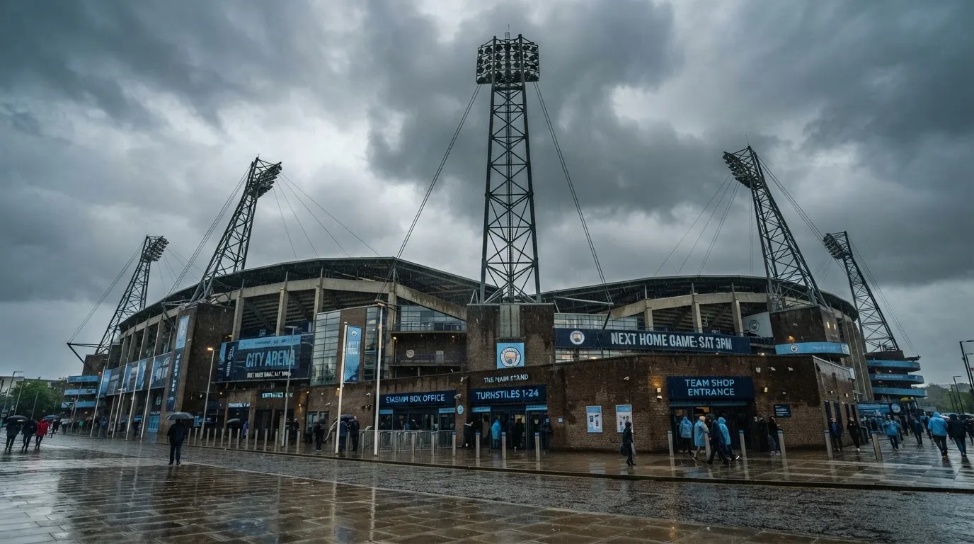 Ein leeres Stadion von außen, hohe Flutlichtmasten vor einem grauen Himmel mit Regenwolken.
