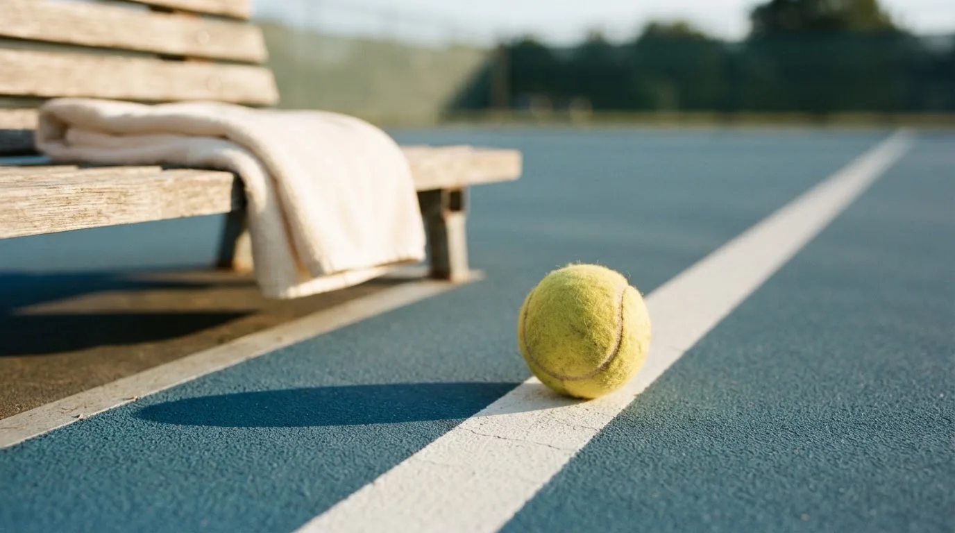 Ein gelber Tennisball liegt auf einer weißen Linie, daneben ein Handtuch auf einer Bank am Spielfeldrand.