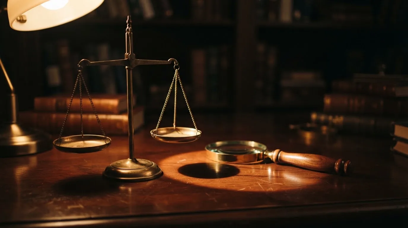 Eine Waage aus Messing steht neben einer Lupe auf einem polierten Schreibtisch im Licht einer Lampe.