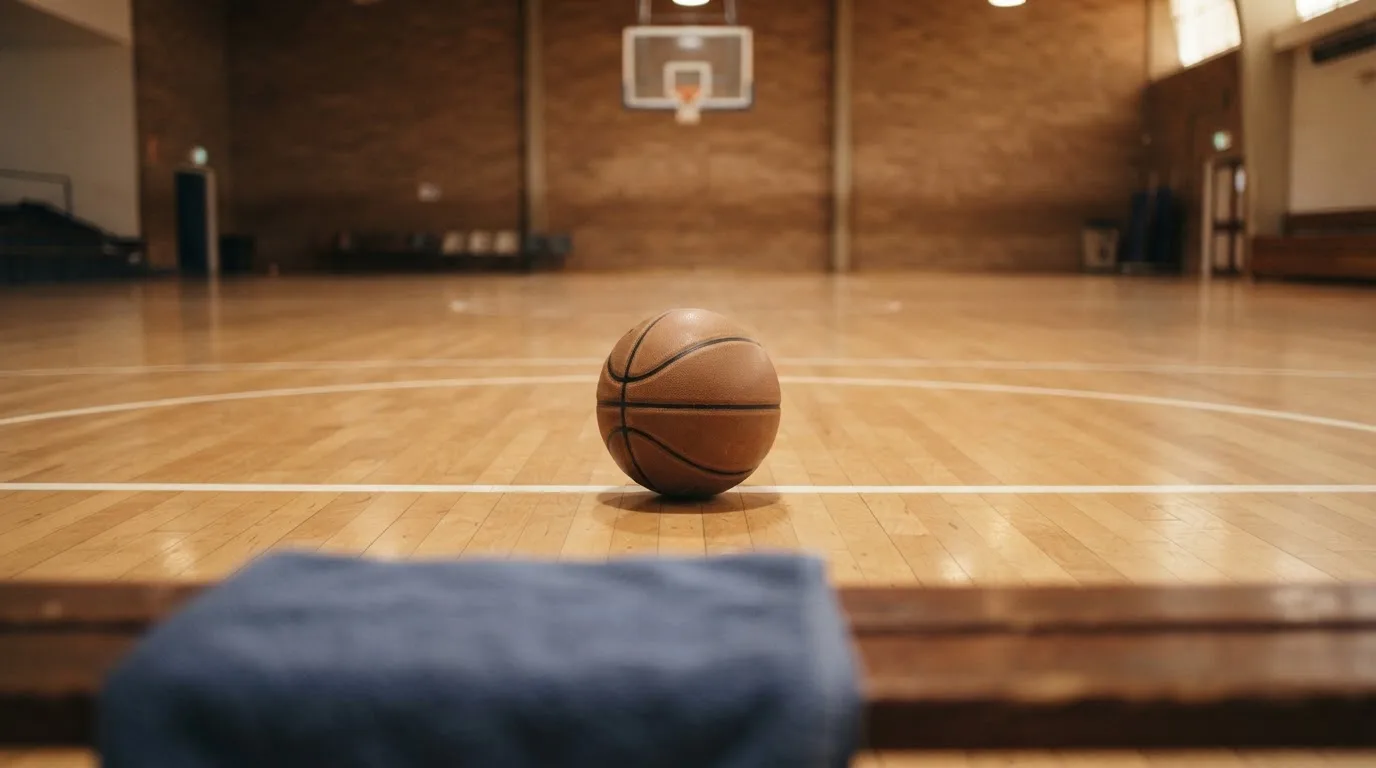 Ein Basketball liegt auf der Freiwurflinie einer Halle, im Vordergrund ein Handtuch auf einer Bank.