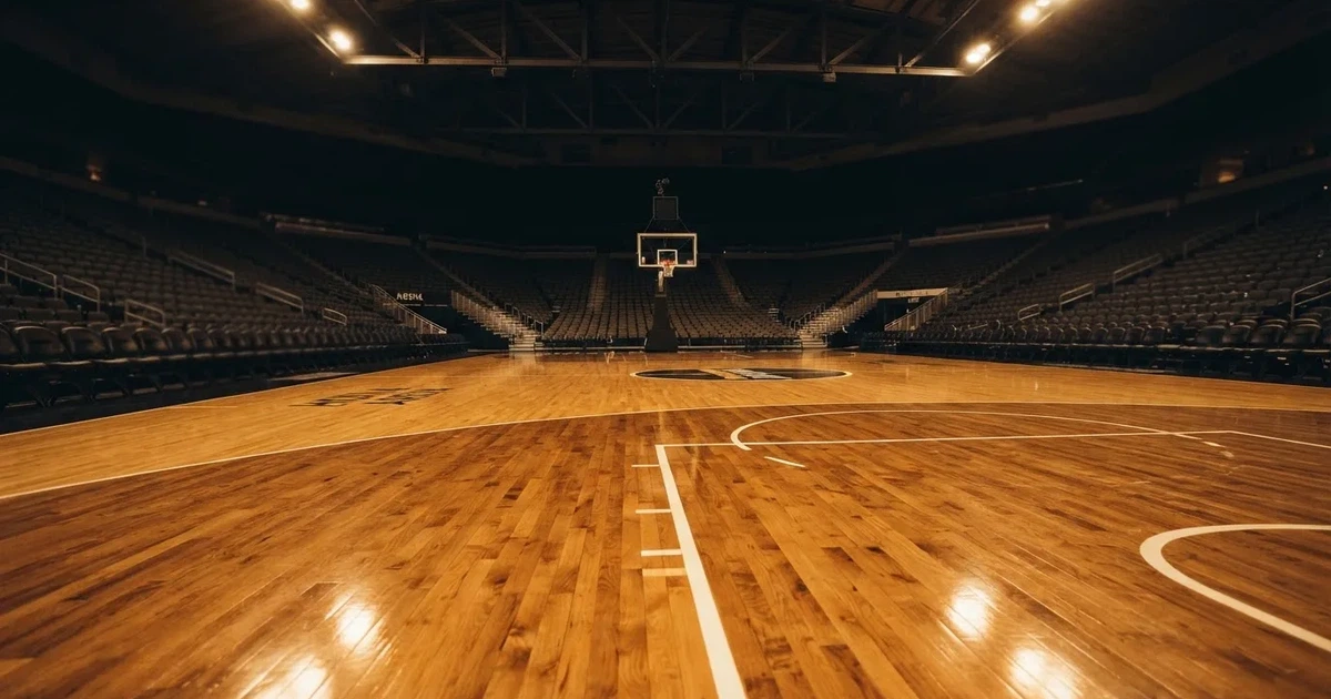 Eine leere Basketballhalle mit glänzendem Parkett und einem Korb im Hintergrund, Licht von Deckenstrahlern spiegelt sich im Boden.