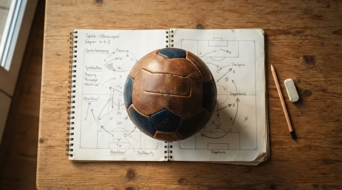 Ein Fußball liegt auf einem Notizbuch mit handgezeichneten Skizzen von Spielzügen, aufgenommen von oben auf einem Holztisch.