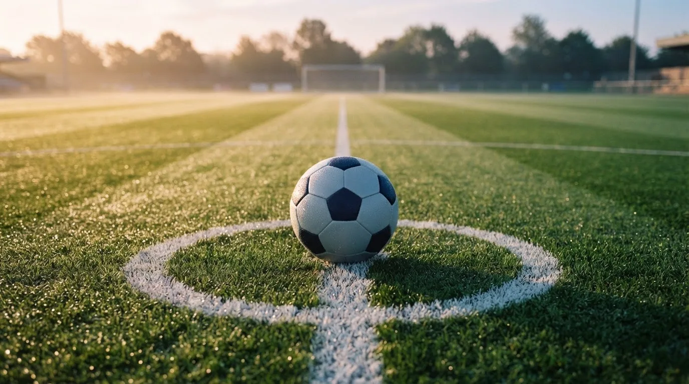 Ein Fußball liegt auf dem Anstoßpunkt eines Rasens bei Sonnenaufgang, Tau glitzert auf den Halmen.