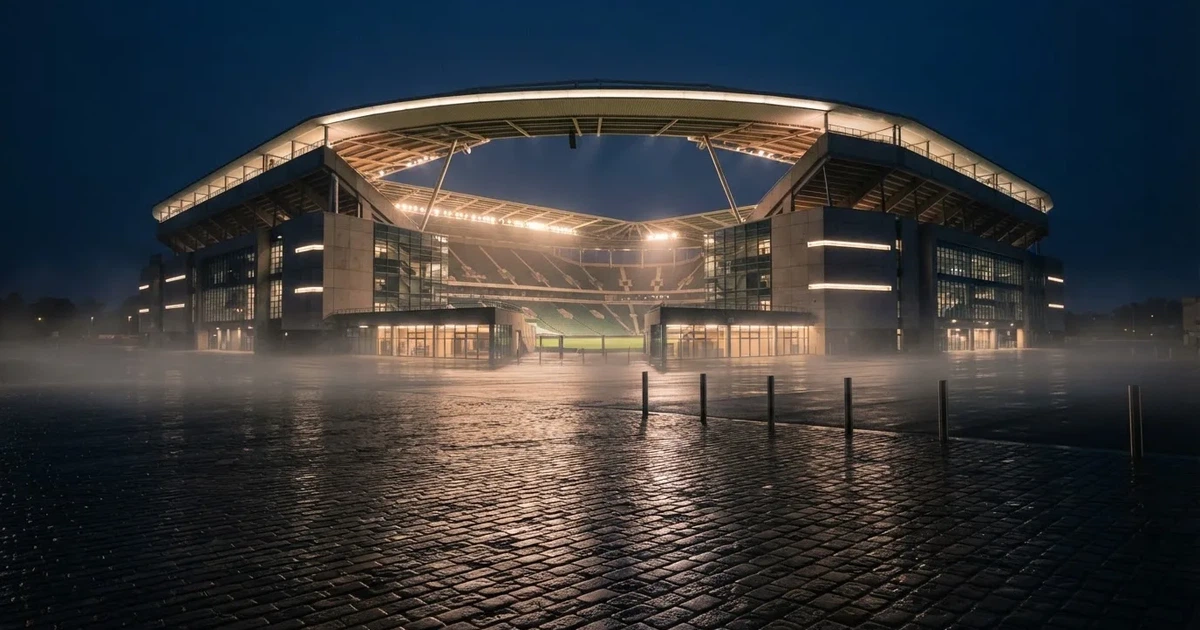 Ein großes Fußballstadion bei Flutlicht von außen, davor ein leerer Vorplatz mit nassem Pflaster und Dunst.