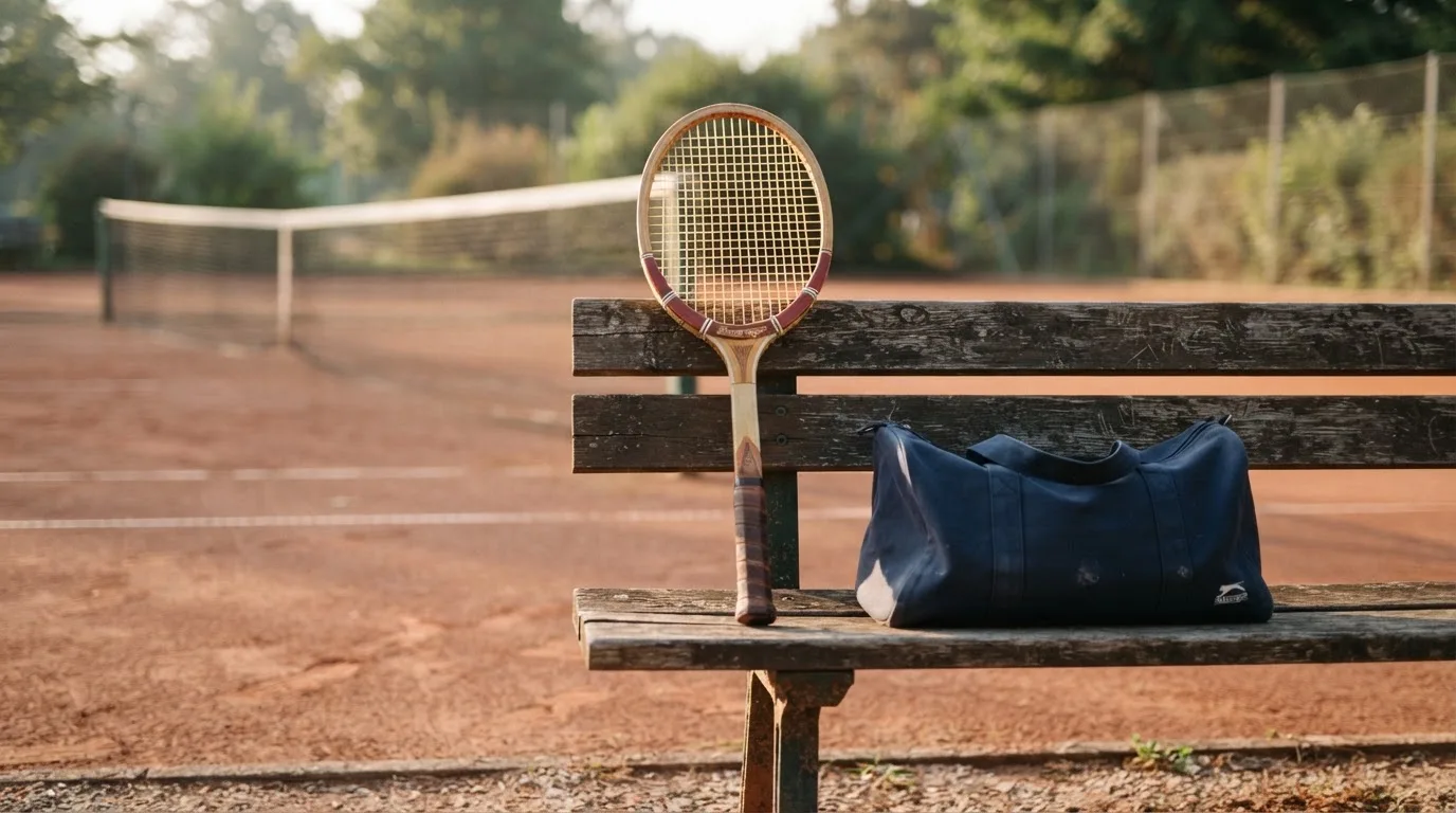 Ein Tennisschläger lehnt an einer Bank neben einer Sporttasche, im Hintergrund ein leerer Platz.
