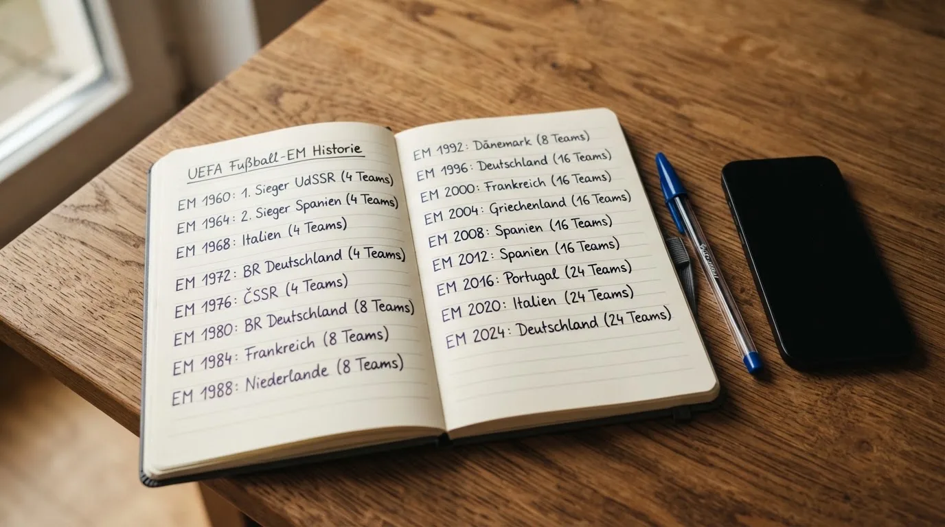 Ein Notizbuch mit handschriftlichen Notizen und ein Kugelschreiber liegen neben einem Smartphone mit dunklem Display auf einem Holztisch.