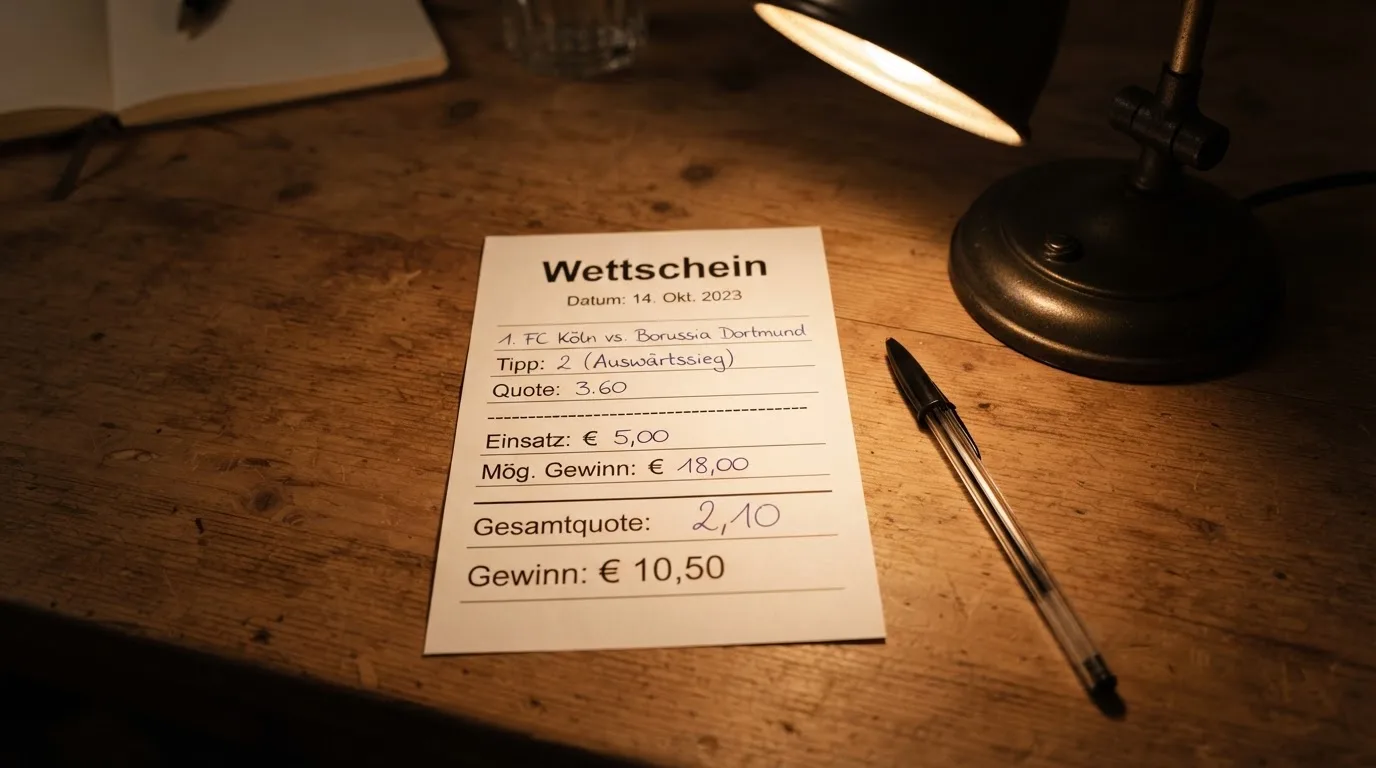 Ein leerer Wettschein aus Papier liegt neben einem Stift auf einem Schreibtisch im Licht einer kleinen Tischlampe.