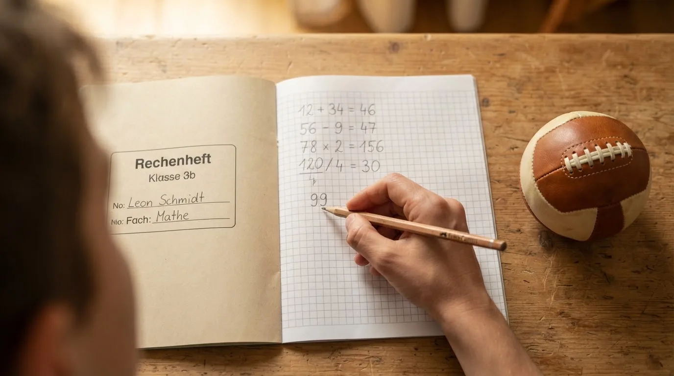 Eine Hand notiert mit Bleistift Zahlen in ein kariertes Heft, daneben liegt ein kleiner Lederfußball auf einer Holzplatte.