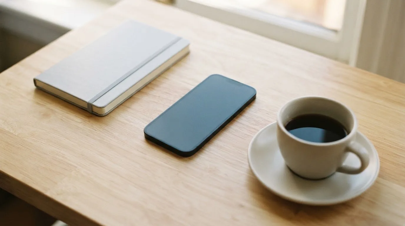 Ein Smartphone mit dunklem Display liegt neben einer Kaffeetasse und einem Notizblock auf einem hellen Tisch.