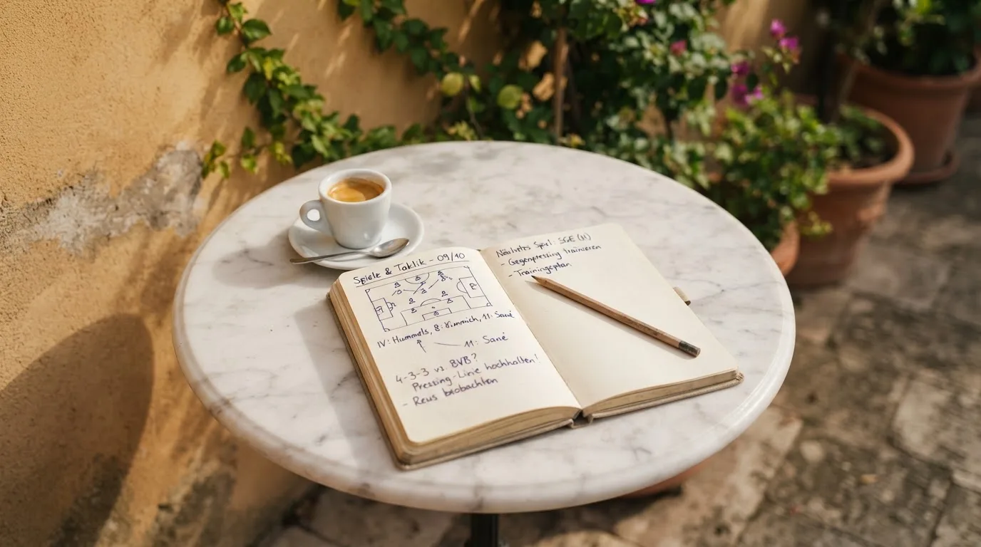 Eine Espressotasse steht auf einem kleinen Marmortisch einer Terrasse, daneben ein Notizheft mit handschriftlichen Skizzen.