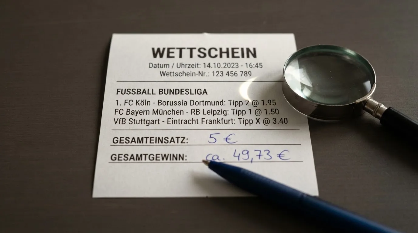 Ein leerer Wettschein aus Papier und ein Kugelschreiber liegen auf einem Schreibtisch neben einer Lupe.