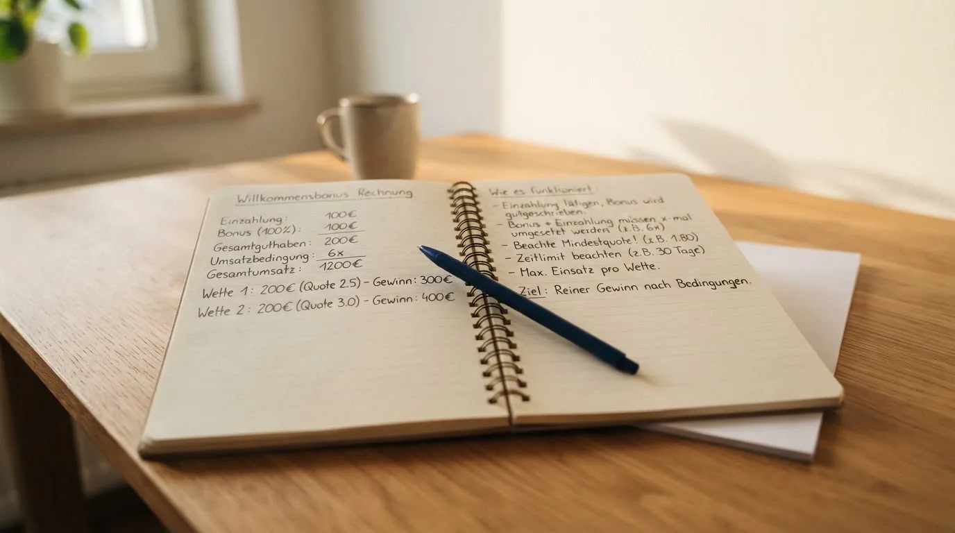 Ein Notizbuch mit handschriftlichen Rechnungen und ein Taschenrechner liegen auf einem aufgeräumten Schreibtisch in warmem Licht.
