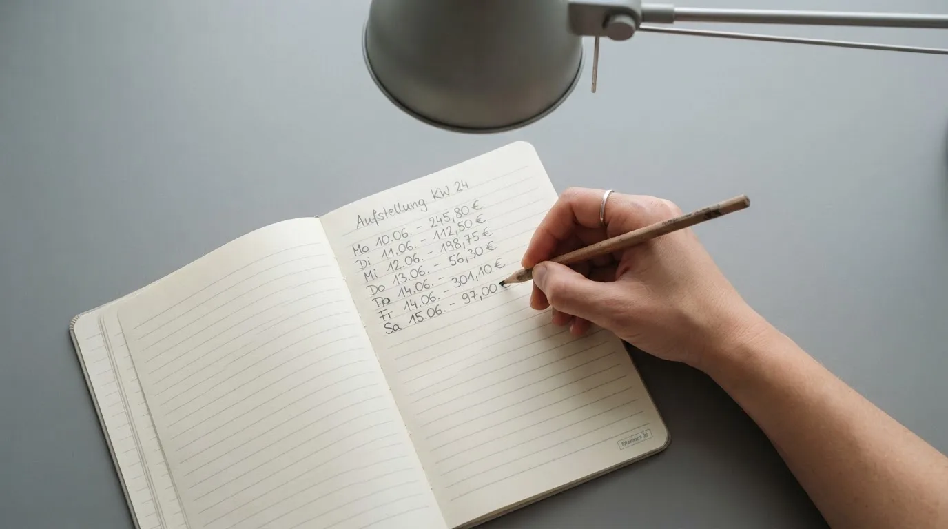 Ein Taschenrechner, ein Bleistift und ein Block mit handschriftlichen Zahlenreihen liegen auf einer grauen Arbeitsfläche.