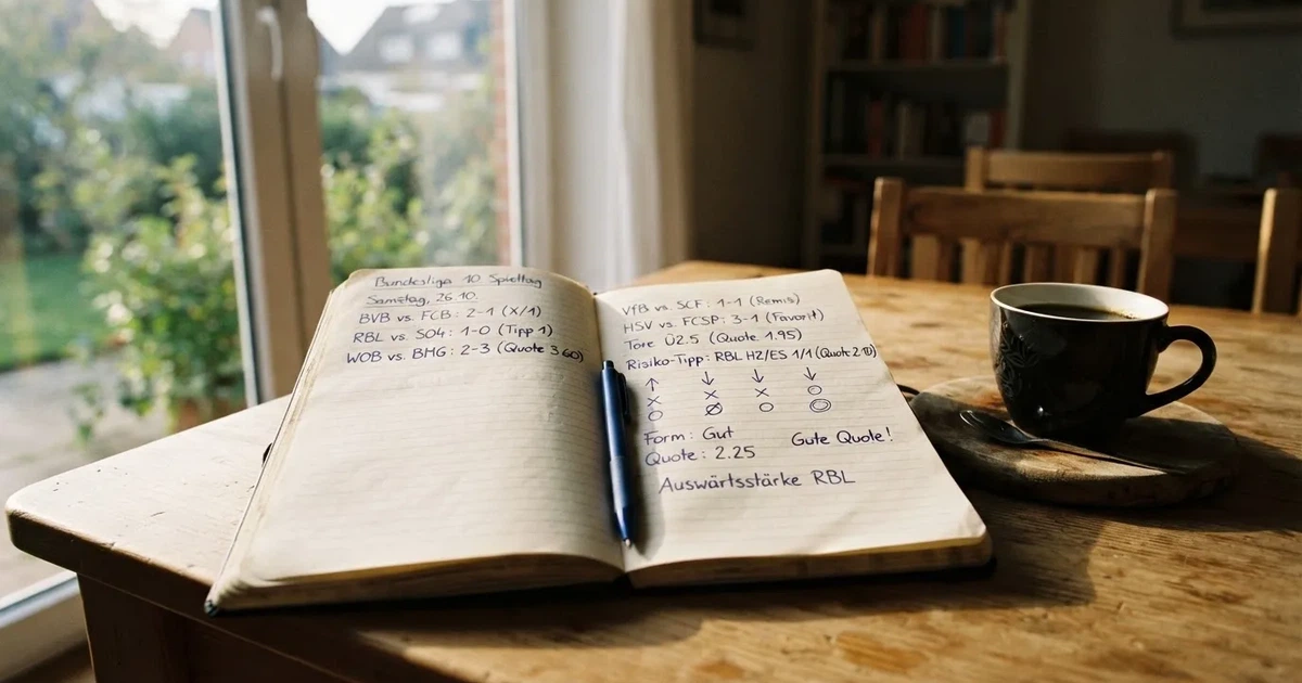 Ein aufgeklapptes Notizbuch mit handschriftlichen Pfeilen und Kreuzen liegt neben einem Kugelschreiber und einem Becher Kaffee auf einem Tisch am Fenster.