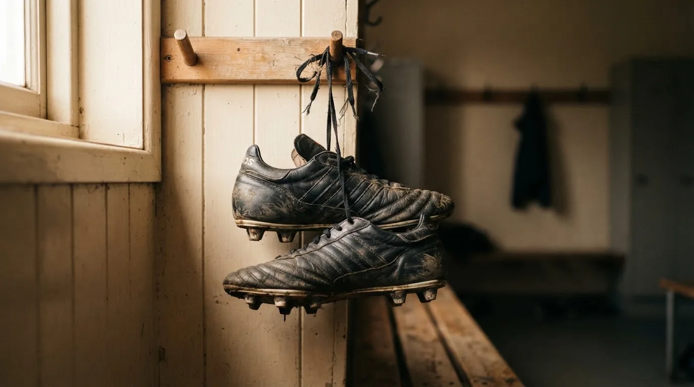 Ein Paar Fußballschuhe hängt an den Schnürsenkeln an einem Holzhaken in einer leeren Umkleidekabine.