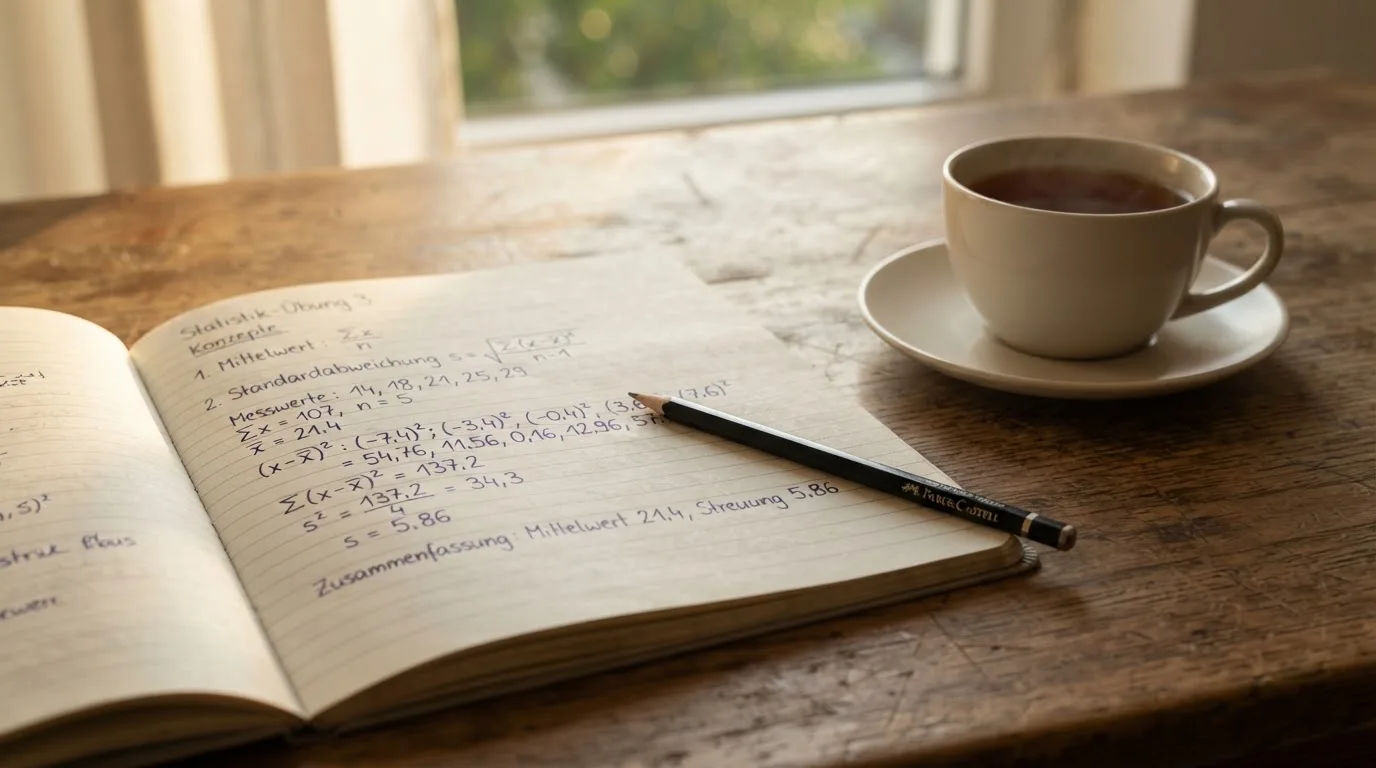Ein Schreibtisch mit Taschenrechner, Bleistift und einem Block voller handschriftlicher Rechnungen, daneben eine Tasse Tee.