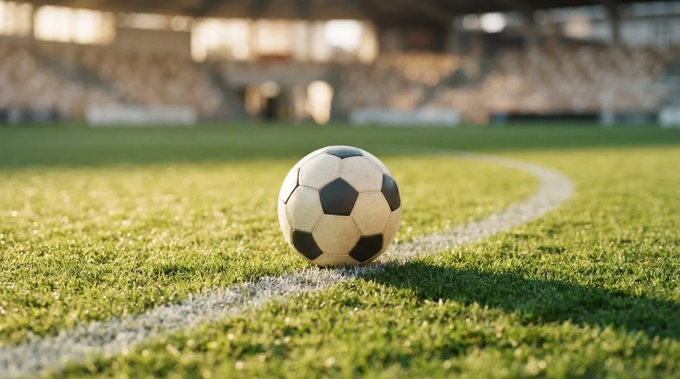 Ein Fußball liegt auf dem Rasen im Mittelkreis, die Kreidelinien führen scharf ins Bild, dahinter verschwimmt eine Tribüne.