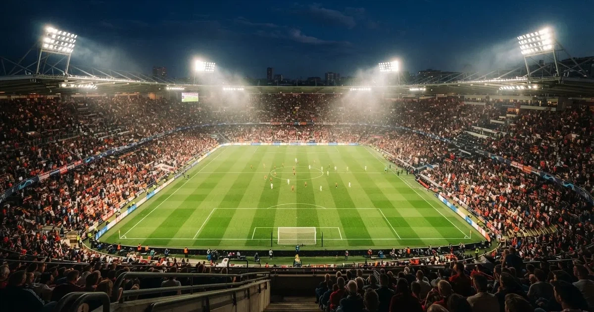Ein großes Stadion bei Nacht, aus der Ferne unter Flutlicht gesehen, die Ränge hell erleuchtet, der Rasen leuchtend grün.