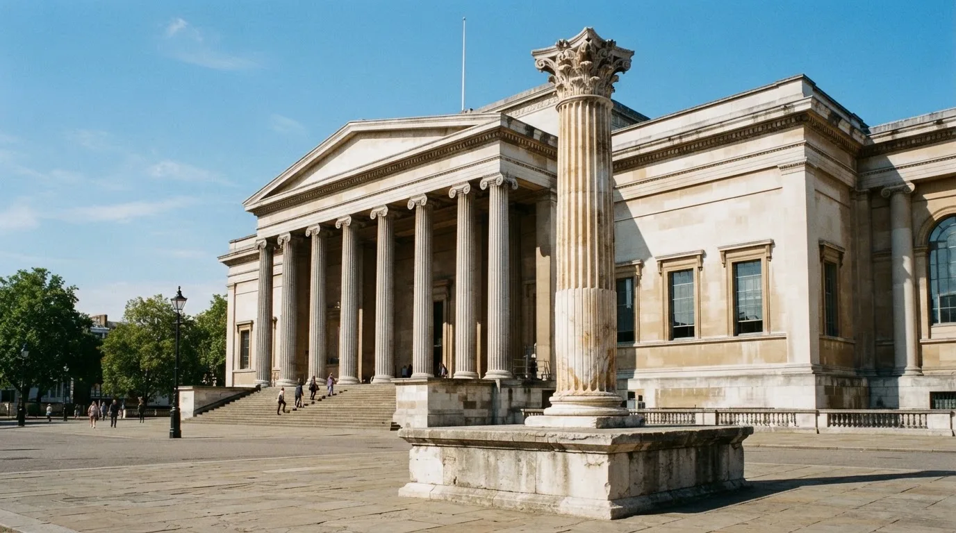 Eine Marmorsäule vor einem klassischen Gebäude, im Hintergrund blauer Himmel.