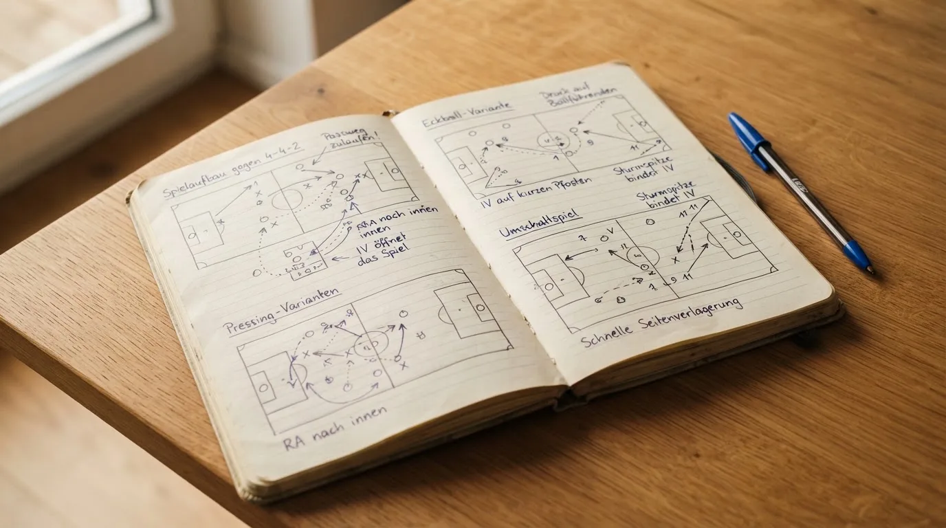 Ein aufgeschlagenes Notizbuch mit handschriftlichen Skizzen von Spielzügen liegt neben einem Kugelschreiber auf einem Holztisch.