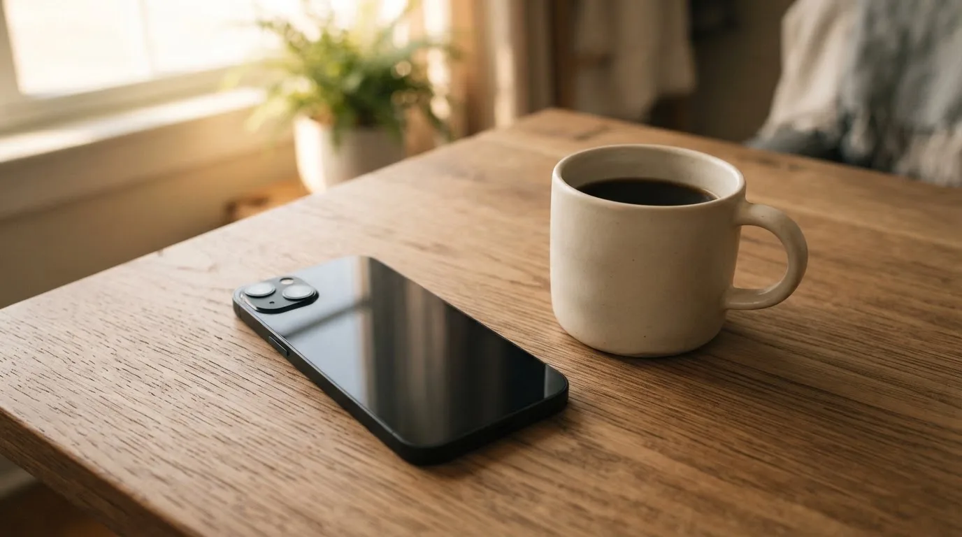 Ein Smartphone mit dunklem Display liegt neben einer Kaffeetasse auf einem Holztisch im Licht eines Fensters.