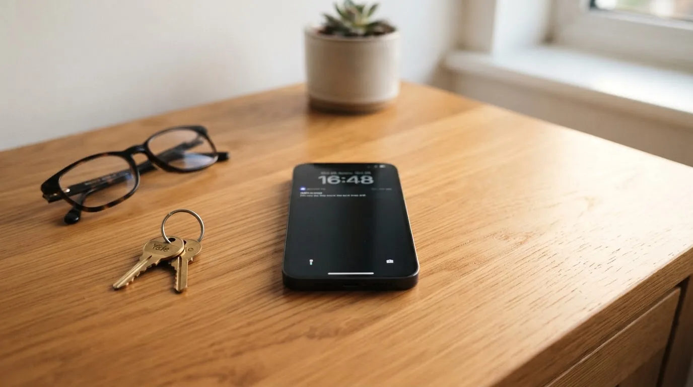 Ein Smartphone liegt mit dunklem Display auf einem Holztisch neben einem Schlüsselbund und einer Brille im Licht eines Fensters.