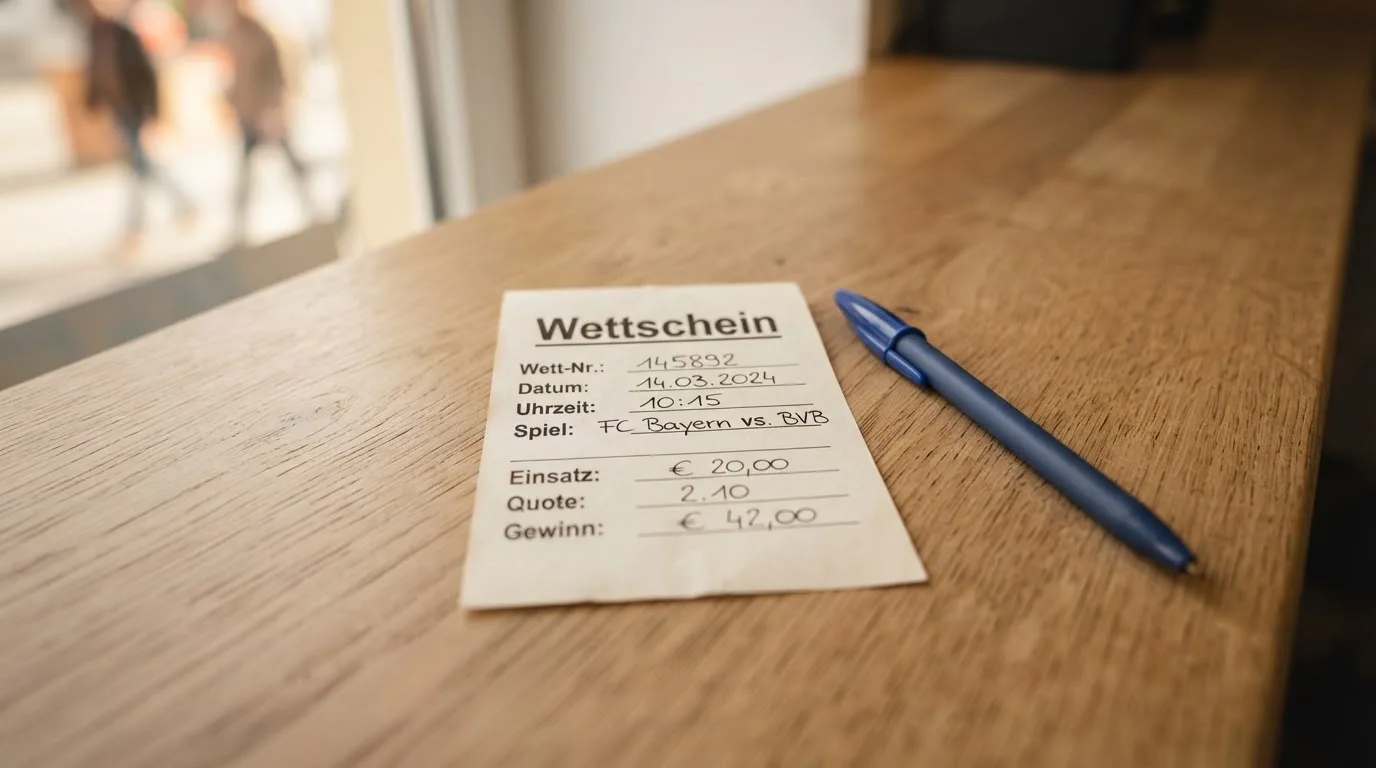 Ein leerer Papier-Wettschein und ein Kugelschreiber liegen auf einer Theke aus hellem Holz im Tageslicht.