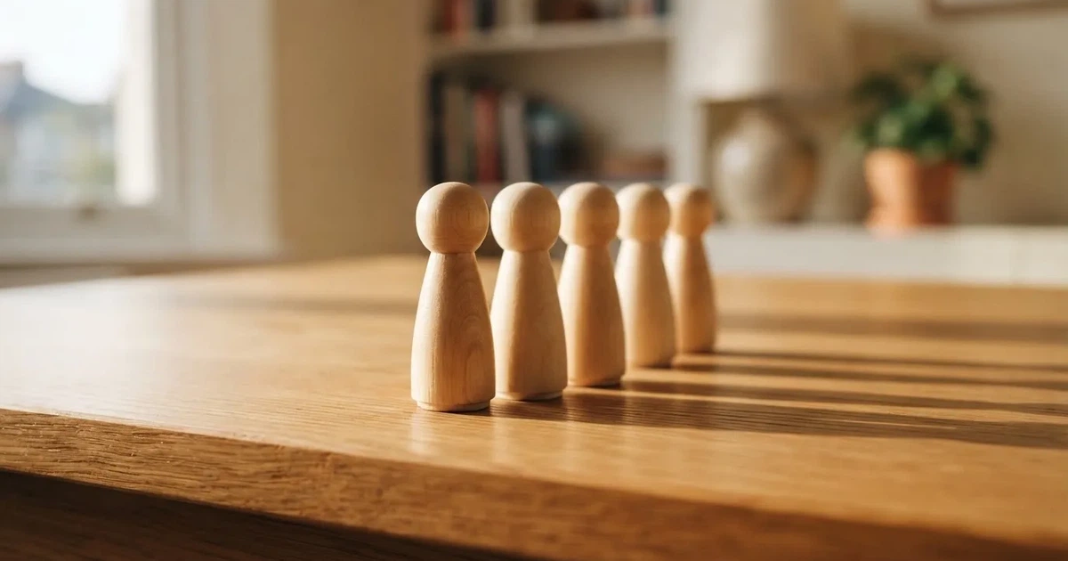 Fünf Holzfiguren stehen in einer Reihe auf einem Tisch, die erste Figur ist leicht nach vorn gerückt.