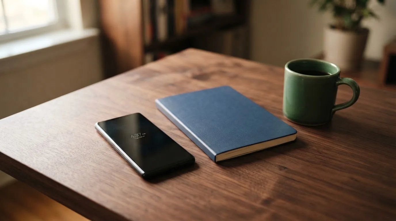 Ein Smartphone liegt mit dunklem Display auf einem Schreibtisch neben einem Notizbuch und einer Kaffeetasse.