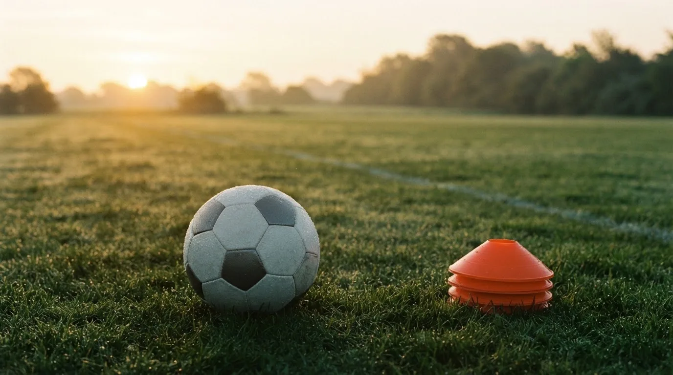 Ein Fußball liegt auf einem Rasenplatz bei Sonnenaufgang, daneben ein kleiner Stapel Trainingshütchen.