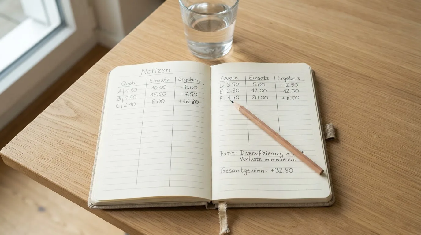 Ein Notizbuch mit handgezeichneten Spalten und ein Bleistift liegen auf einem hellen Holztisch neben einem Glas Wasser.
