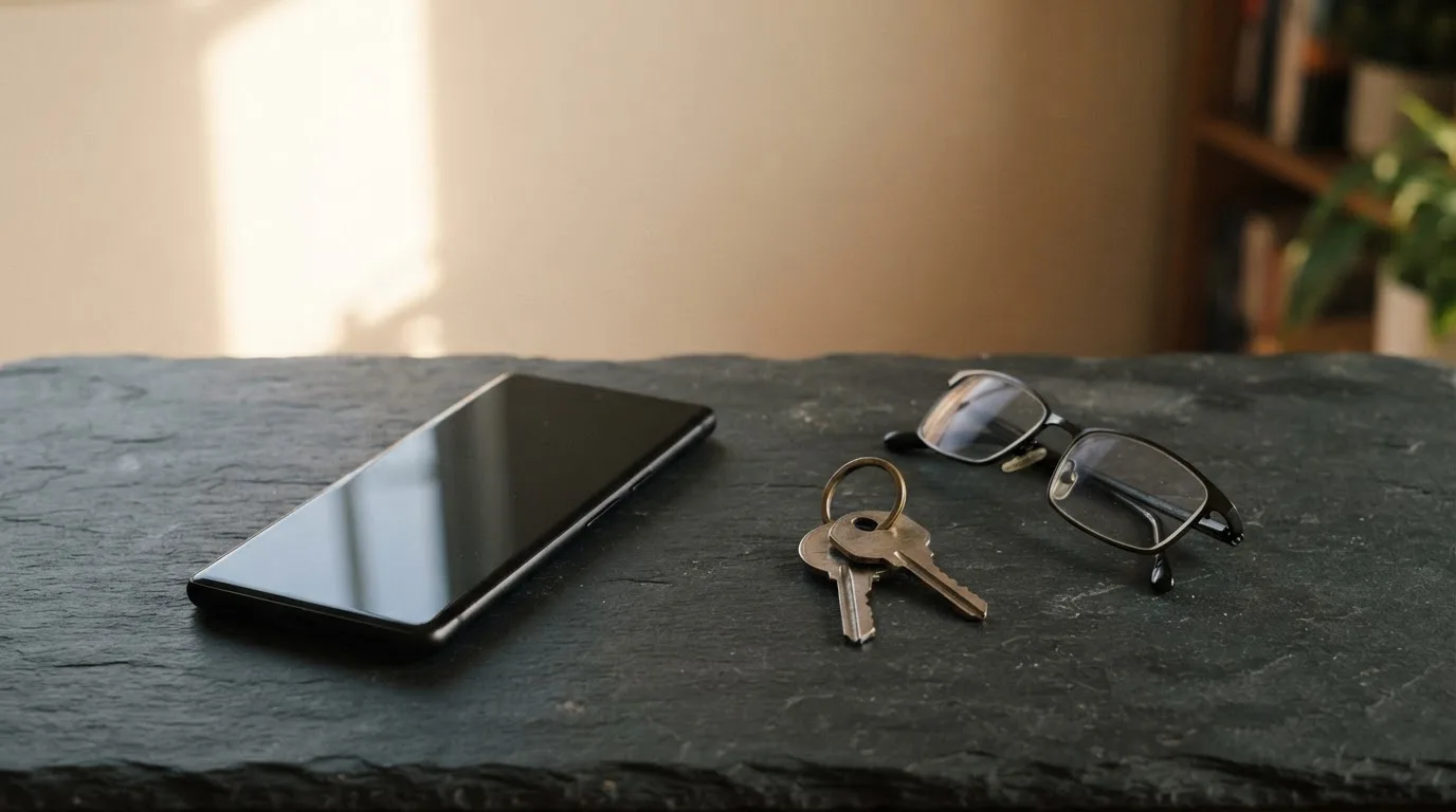 Ein Smartphone liegt mit dunklem Display auf einem Schreibtisch neben einem Schlüsselbund und einer Brille.